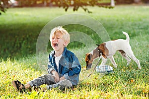 Upset child boy at the summer park. Childhood. Sad kid walking with dog. Little boy crying and sitting on the ground