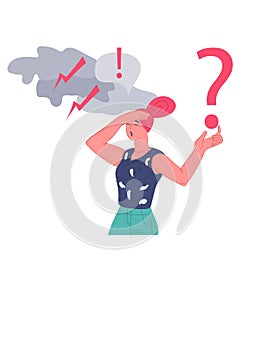 Upset confused woman having unresolved problem, flat vector isolated.