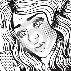 Upset crying woman face watching on the smartphone black and white pop art illustration in retro comic style