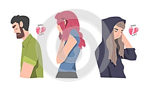 Upset depressed people with broken heart. Young woman and man feeling sad about relationship problems cartoon vector