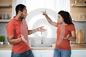 Upset disappointed millennial african american lady and husband swears and gesticulate at kitchen interior