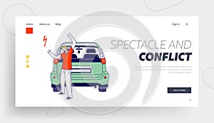 Upset Driver after Car Accident on Road Landing Page Template. Stressed Male Character Yelling and Waving Fists