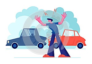 Upset Driver after Car Accident on Road, Stressed Male Character Crying Stand on Roadside at Broken Automobiles. Insurance