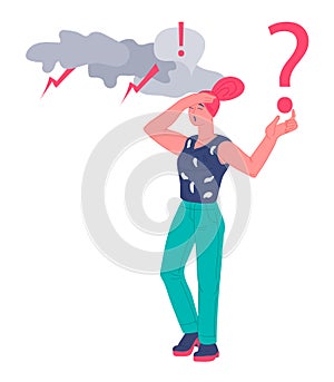 Upset embarrassed woman having problem and unresolved issue, flat vector isolated.