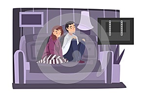 Upset Family Couple Sitting on Couch and Watching TV, Young Man and Woman Spending Time Together at Home Vector