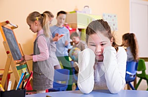 Upset girl in schoolroom during break