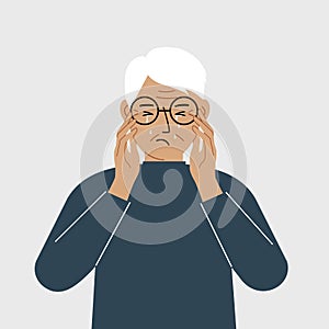 Upset grandfather cries and holds his head with his hands. The concept of resentment, pain and depression.