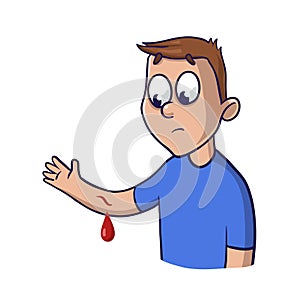 Upset guy raises wounded hand with blood oozing. Blood drop on a floor. Isolated illustration on a white backgroud