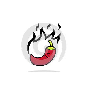 Upset hot red chilli pepper logo icon with flame cartoon illustration style character mascot