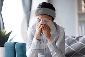 Upset indian woman suffer from emotional breakdown