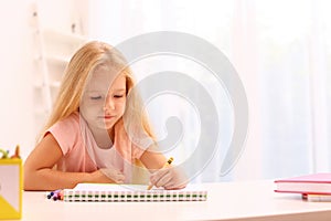 Upset little left-handed girl drawing at table