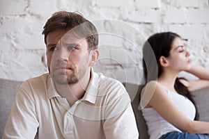 Upset man thinking about divorce after fight with girlfriend