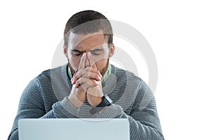 Man using laptop against white background