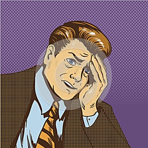 Upset man vector illustration in retro comic pop art style. Sad businessman in stress situation thinking