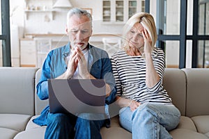 Upset mature couple looking at computer and getting shocking bad news