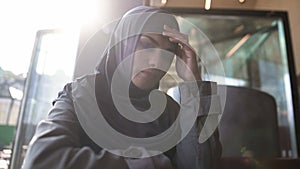 Upset Muslim lady suffering loneliness, thinking problem, ashamed by community