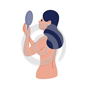 Upset naked woman looking at mirror dissatisfaction their appearance vector flat illustration. Cartoon female with low