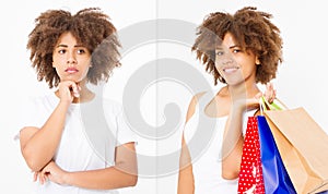 Before after Upset sad african american woman in white template blank t shirt isolated. Young Afro female with curly hair. Before-