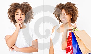 Before after Upset sad african american woman in white template blank t shirt isolated. Young Afro female with curly hair. Before- photo