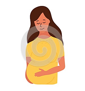 Upset and sad pregnant woman touching her belly. Bad news about your baby s health. Fear, anxiety and depression. 3rd trimester of