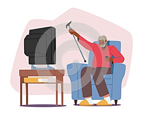Upset Senior Man Watching Tv Waving Cane, Angry Dissatisfied Elderly Male Character Sitting on Armchair Watch Bad News
