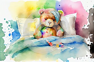 Upset sick teddy bear in bed, generative ai