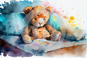 Upset sick teddy bear in bed, generative ai