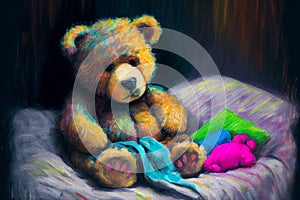 Upset sick teddy bear in bed, generative ai
