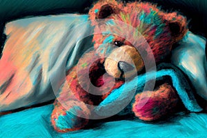 Upset sick teddy bear in bed, generative ai