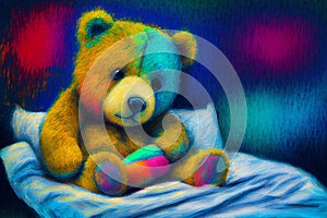 Upset sick teddy bear in bed, generative ai