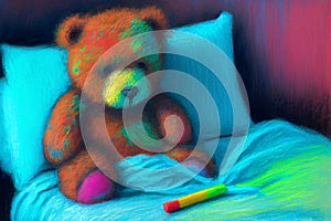 Upset sick teddy bear in bed, generative ai