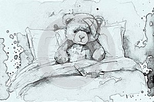 Upset sick teddy bear in bed, illustration
