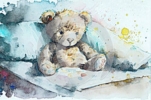 Upset sick teddy bear in bed, illustration