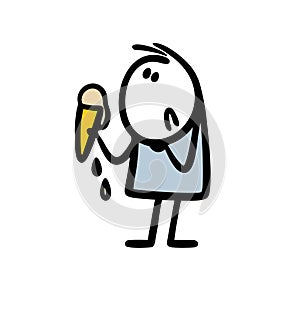 Upset stickman holds melting ice cream in his hand and look sadly.