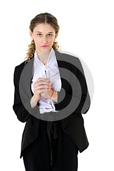 Upset student girl standing with hand on waist