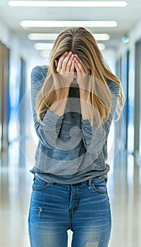 Upset teenage girl crying in school corridor, blurred background, space for text education stress.