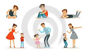 Upset teenagers and parents scold children. Vector illustration.