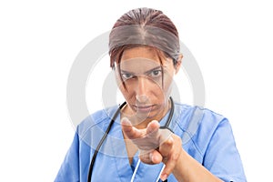 Upset unhappy female nurse or doctor making watching you gesture