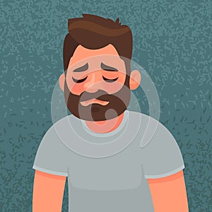 Upset and unhappy  man. Sad expression. The concept of grief and loneliness. Vector illustration
