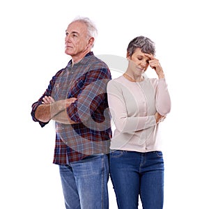 Upset, unhappy and senior couple in studio for stressed, frustrated and marriage problems with white background