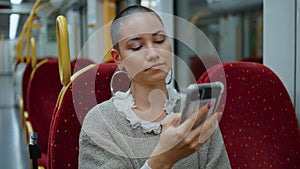 Upset woman calling train waiting railway trip close up. Passenger ending talk