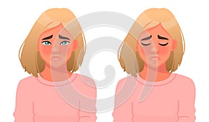 Upset woman is crying. Sadness or resentment. Tears on eyes. Negative emotions on the girl`s face