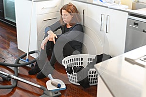 Upset woman with overload housework
