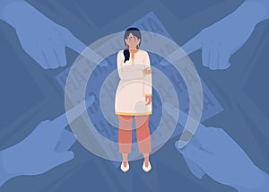 Upset woman and pointing fingers flat color vector illustration