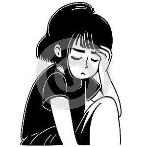 Upset young girl, black and white hand drawn character. Depression, headache.