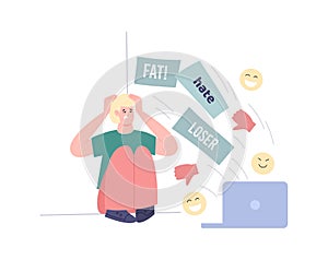 Upset young man or teen near laptop with dislikes, flat vector illustration.