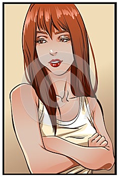 Upset young woman with arms crossed. Vector illustration.