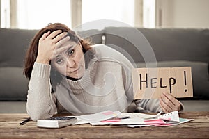 Upset young woman asking for help in paying bills Mortgage home or business finance problems