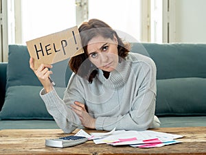 Upset young woman asking for help in paying bills Mortgage home or business finance problems