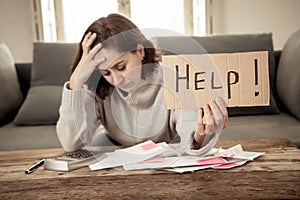 Upset young woman asking for help in paying bills Mortgage home or business finance problems